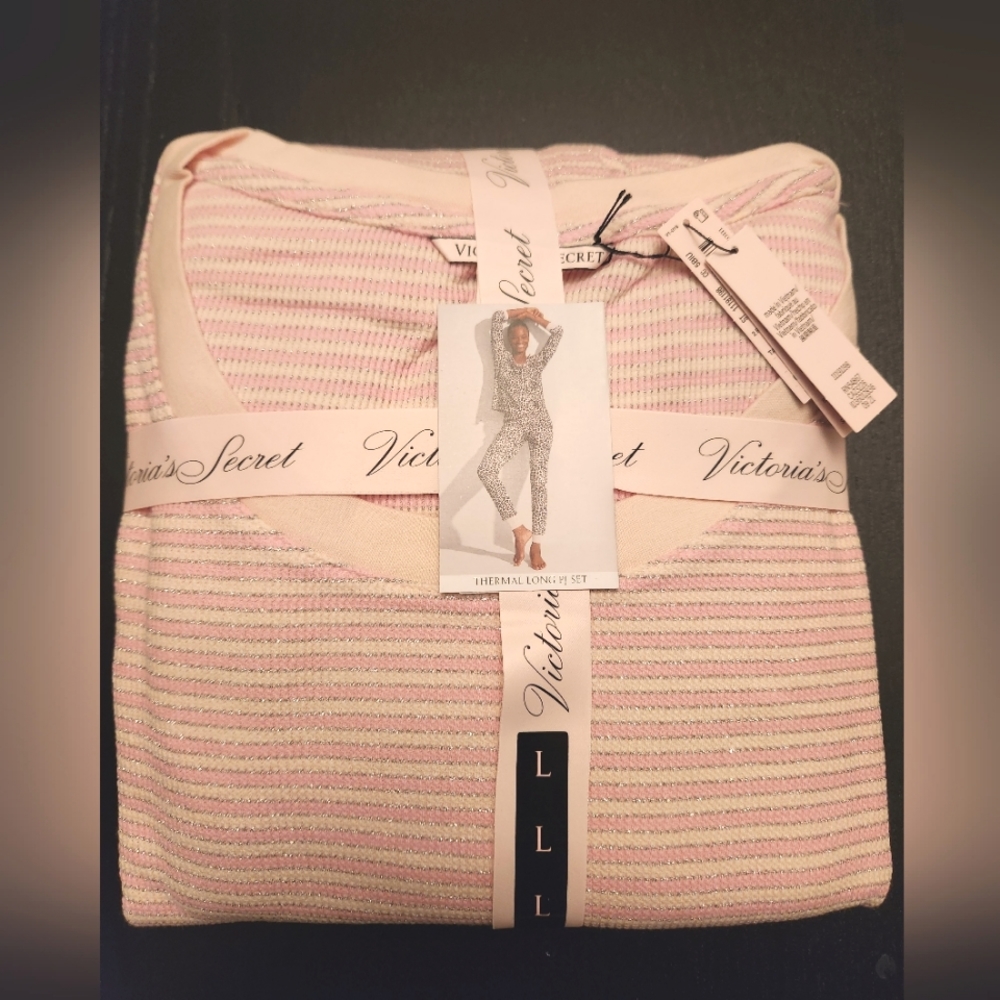 Victoria's Secret Long Thermal Pajama PJ Set Pink Metallic Stripes Large Short/P